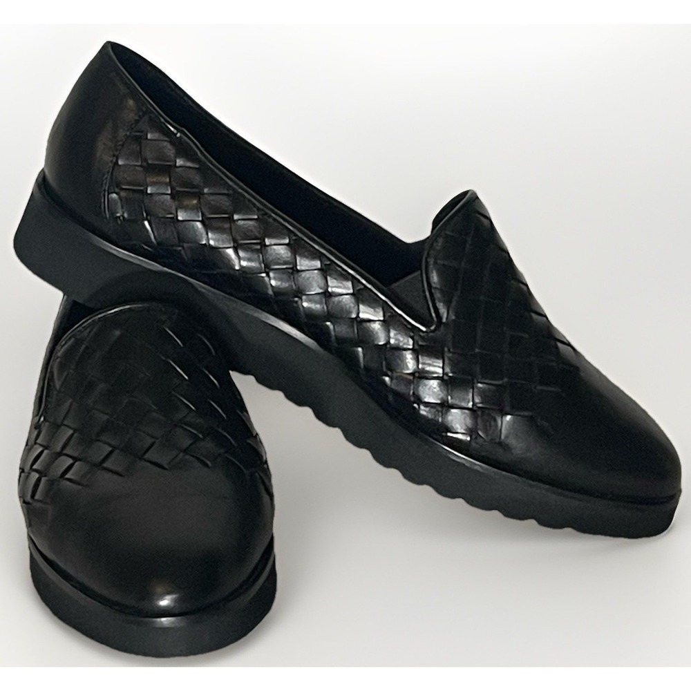 Sesto Meucci Womens 7 Black Woven Leather Comfort Loafers Italy Slip On Shoe